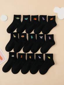 5/10 Pasang Kaos Kaki Anak-Anak Motif Dinosaurus Bordir Kartun Lucu, Kembali ke Sekolah, Pengiriman Acak - Hitam - View 5
