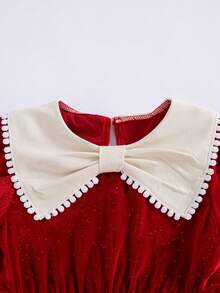Girls' Casual Fashion Umbrella Hem Large Collar Long Sleeve Knee-Length Dress, Spring/Autumn - Red - View 5