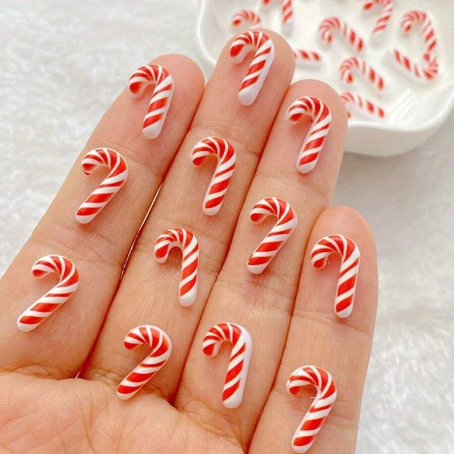 20/50/100pcs Cartoon Cute Mini Resin Christmas Decorations - Flat Bottom - No Hole - Includes Santa Claus, Gingerbread Man, Bear, Snowman, Christmas Tree, Reindeer Charms, Suitable For Holiday DIY Jewelry Decoration, Odorless, Random Mix - Mini Christmas Candy Cane - View 1