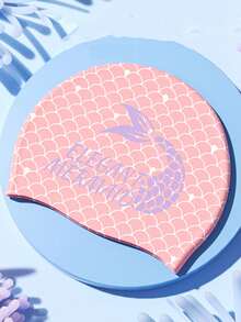 1pc Pink Mermaid Scale Printed Silicone Swimming Cap, Elegant Mermaid Pattern Waterproof Swim Hat For Women Girls Swimming Pool Water Activities - Pink - View 1