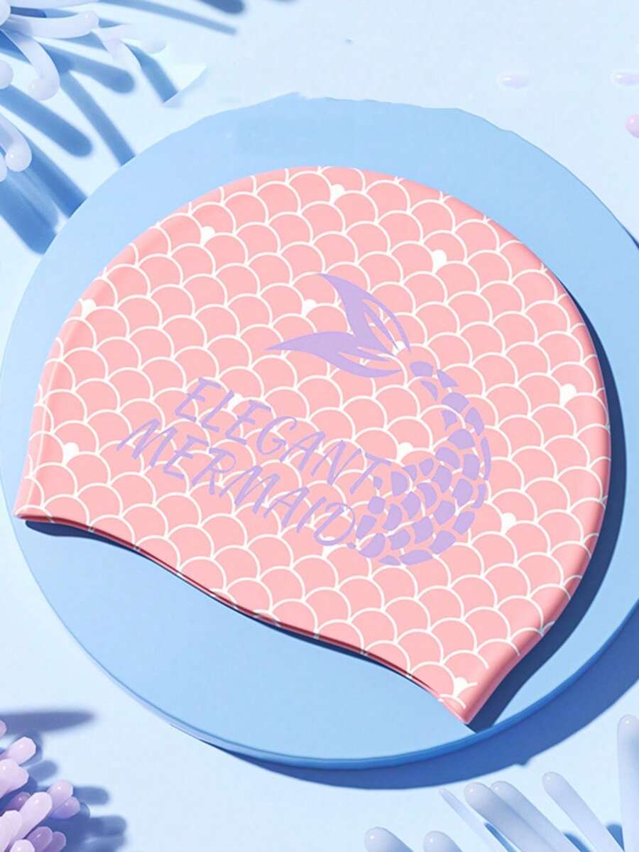 1pc Pink Mermaid Scale Printed Silicone Swimming Cap, Elegant Mermaid Pattern Waterproof Swim Hat For Women Girls Swimming Pool Water Activities - Pink - View 1