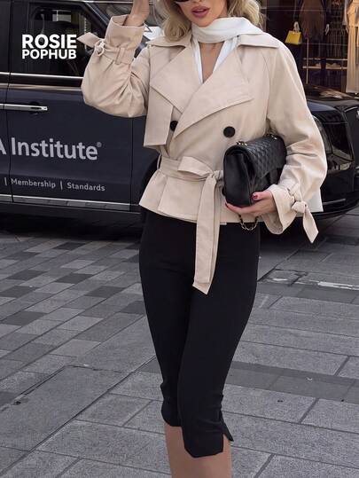 ROSIE POPHUB Women's Beige Casual Loose Short Trench Coat, Fashionable Lapel Tie Elegant Shirt, Suitable For Summer Campus, Daily Wear, Office