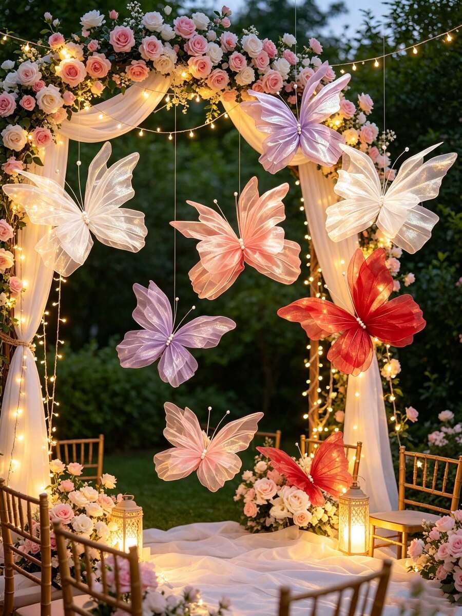 1pc 50cm Silk Artificial Butterfly, 3D Double Layer Mesh Wing Design, Rainbow Organza Pearl Butterfly Decor, Suitable For Birthday Party Decoration, Wedding Decoration, Large Mesh Artificial Butterfly, Store Window Display, Party Background Decoration