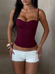 Elegant Basic Burgundy Spaghetti Strap Top, Summer Slim Fit Women's Top, Spaghetti Strap Top, Suitable For Vacation, Daily Dating, Outing Top Styling - Burgundy - View 4