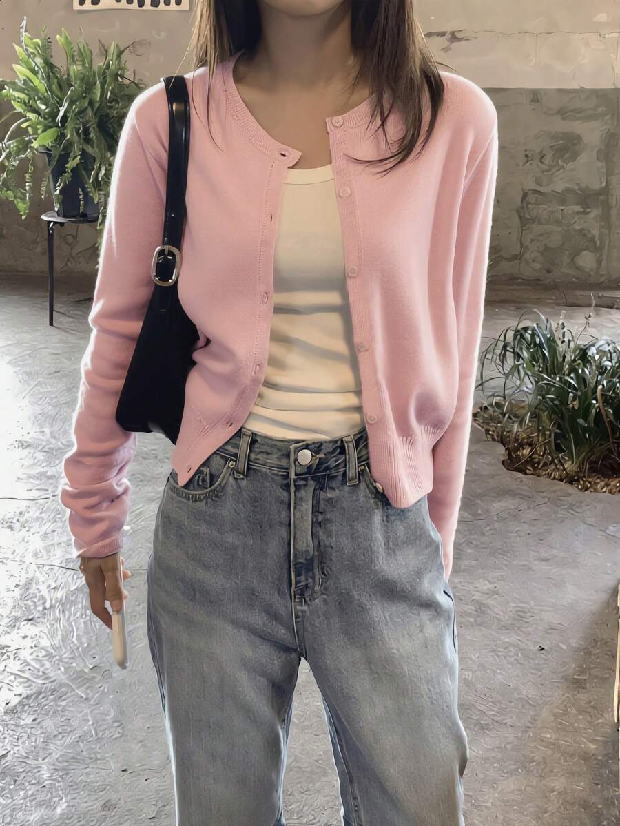 1 pieza Cárdigan de punto de unicolor con botones delanteros, ligero para uso diario en primavera y verano, rosa otoño - Rosa - Ver 1