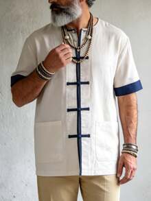 GOLDREDY Men's Retro Button-Down Short Sleeve Shirt, Summer Loose Breathable Chinese Collar Color Block Casual Shirt - Khaki - View 5