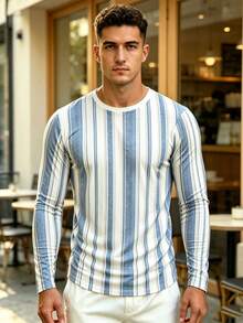 Men's Round Neck Long Sleeve T-Shirt, Fashion Striped Print Top, Young Handsome Versatile All-Match Style, New Autumn Arrival - Multicolor - View 1