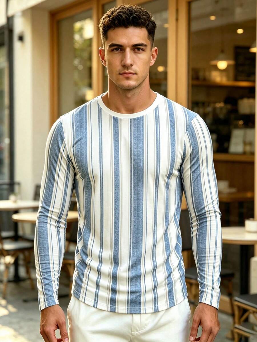 Men's Round Neck Long Sleeve T-Shirt, Fashion Striped Print Top, Young Handsome Versatile All-Match Style, New Autumn Arrival - Multicolor - View 1