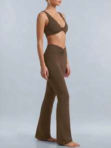 NcmRyu Women's One Set Solid Color Twist Front Deep V-Neck Backless Bra & V-Shape Ruched High Waist Flare Pants Set - Coffee Brown - View 10