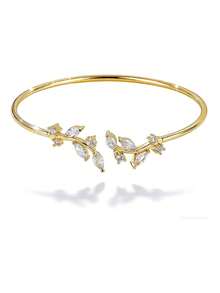 outingfit 1pc Minimalist Luxury Leaf Rhinestone Zirconia Bracelet, Bridal Fashion Elegant Wedding Open Cuff Bracelet - Gold - View 5