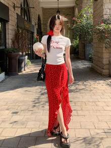Y6Y 2026 夏季新款白色圓領女款上衣，美式復古紅字印花設計，休閒極簡優雅短版T恤 - 白色 - 查看 11