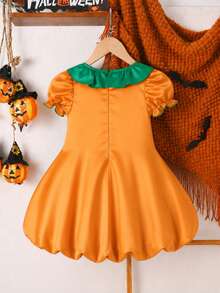 Halloween Girls Toddler Autumn/Winter Pumpkin Head Ghost Face Print Cartoon Cute Heart Ruffle Hem Short Sleeve Dress, Fashion Holiday Party Gift Photo Outfit - Orange - View 3