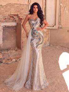 Elegant Women's Strapless Formal Gown With Beaded Sequin Mermaid Design And Flowing Mesh Tail Vacation - Apricot - View 5