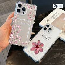 2件裝花卉印花卡槽手機殼 TPU 防震全包覆精準保護套，適用於 Apple 11/12/13/14/15/16/17 Pro Max - 玫瑰金 - 查看 1