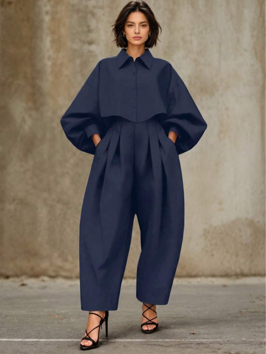 HUTENER 2pcs Plus Size Women's Set - Lantern Sleeve Solid Color Lapel Button Design Short Blouse Top + Pocket Ruched Long Pants, Suitable For Commuting/Business/Office, Spring/Autumn Elegant - Navy Blue - View 1