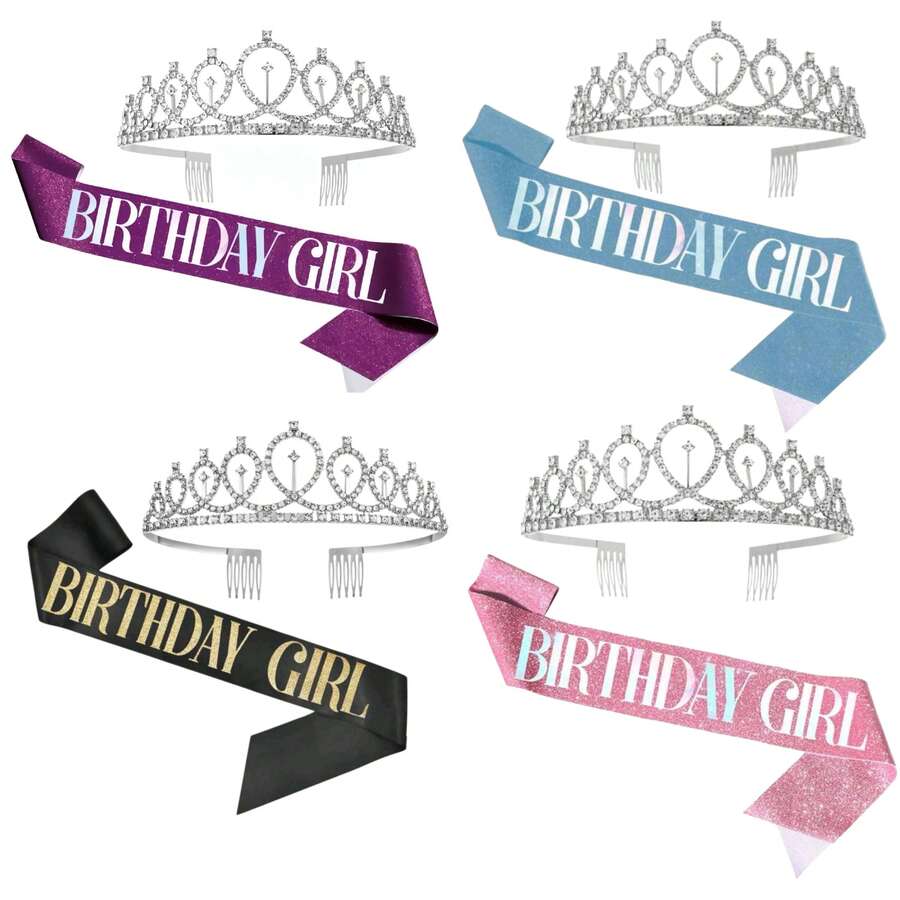 Rhinestone Birthday Party Set, Crown, Birthday Queen Sash, Women's Happy Birthday Hair Accessories, Ball Gift, Decoration, School Essential - Multicolor - View 1