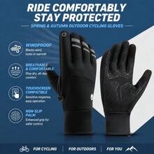 1 Pair Spring Autumn Winter Sports Outdoor Cycling Gloves, Unisex Reflective Warm Thick Fleece Touchscreen Ski Gloves, Water-Resistant Elastic - Black - View 2