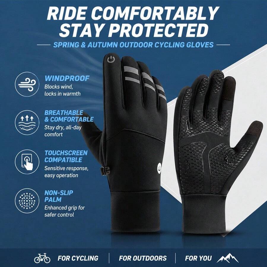 1 Pair Spring Autumn Winter Sports Outdoor Cycling Gloves, Unisex Reflective Warm Thick Fleece Touchscreen Ski Gloves, Water-Resistant Elastic