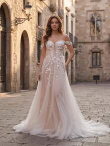 Summer Elegant Deep V-Neck Applique Long Mesh A-Line Wedding Dress, Formal Off-Shoulder Ball Gown, Women - Beige - View 2