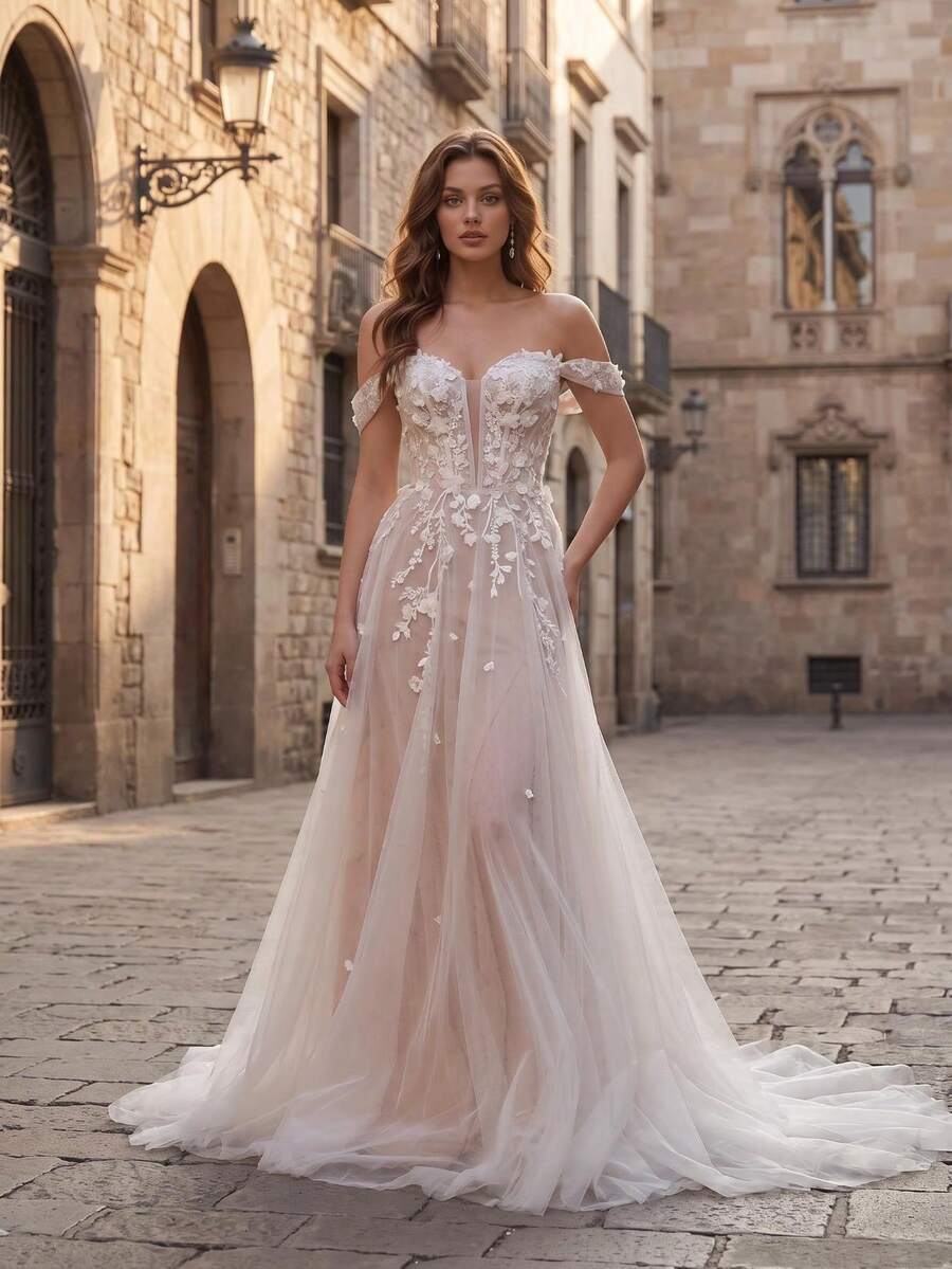 Summer Elegant Deep V-Neck Applique Long Mesh A-Line Wedding Dress, Formal Off-Shoulder Ball Gown, Women