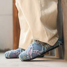 Men's Summer Height-Increasing Closed-Toe Slip-On Loafers, Thick Sole Office Sandals, Personalized Denim Color-Block Tassel Decor, Suitable For Indoor And Outdoor Wear - Light Blue - View 8