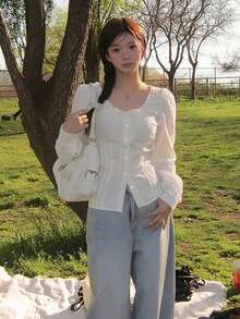 Korean Style Sweet Chic Women's Spring/Autumn French Fitted Tie-Front Single-Breasted Versatile Slimming Design Long Sleeve Cardigan Shirt White - White - View 5