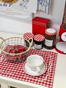 1/2/6pcs French Red & White Gingham Bow Embroidery Placemats, Ins Style Vintage Pastoral Fabric Heat-Resistant Table Mats For Afternoon Tea Table Decor - Multicolor - View 5