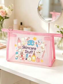 網格化妝包，護膚主題圖案，印有「Skincare Products」字母圖案，多功能化妝包，便攜收納包，化妝包，護膚包，旅行必需品，宿舍用品，浴室收納，珠寶收納，唇彩與化妝品收納包，學校用品包，化妝包假期必需品，化妝品收納，婚禮新娘禮物，母親節禮物，生日禮物，送給朋友和老師的禮物 - 彩色 - 查看 9