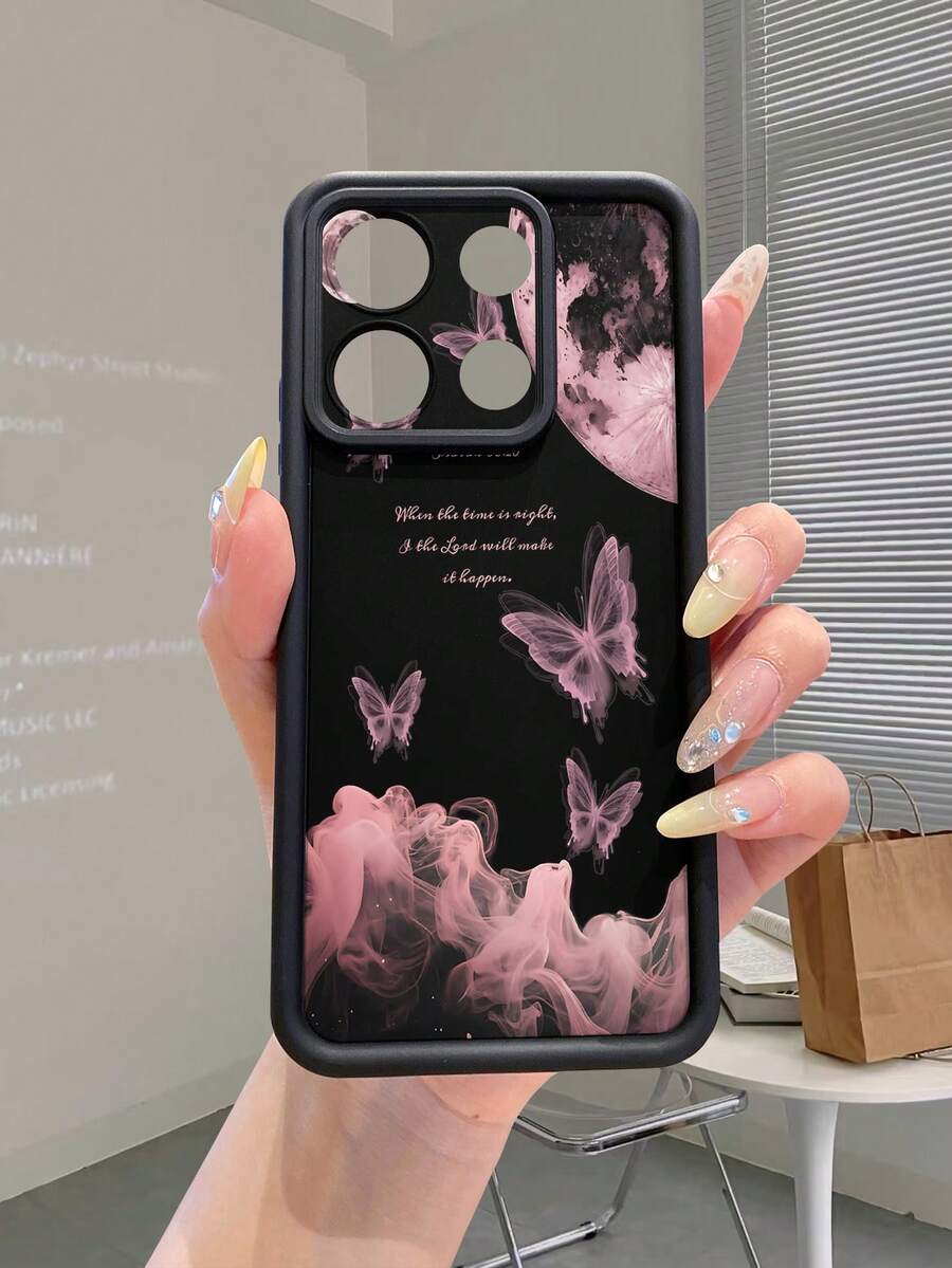 1 buah Casing Ponsel Fashion Android Bahan TPU Murni Warna Pink Asap dengan Motif Kupu-kupu dan Elemen, Tebal, Anti Jatuh, Anti Sidik Jari, Motif Pasir Berlian Hitam, Cocok untuk Samsung/Transsion/HONOR/ - Hitam - View 1