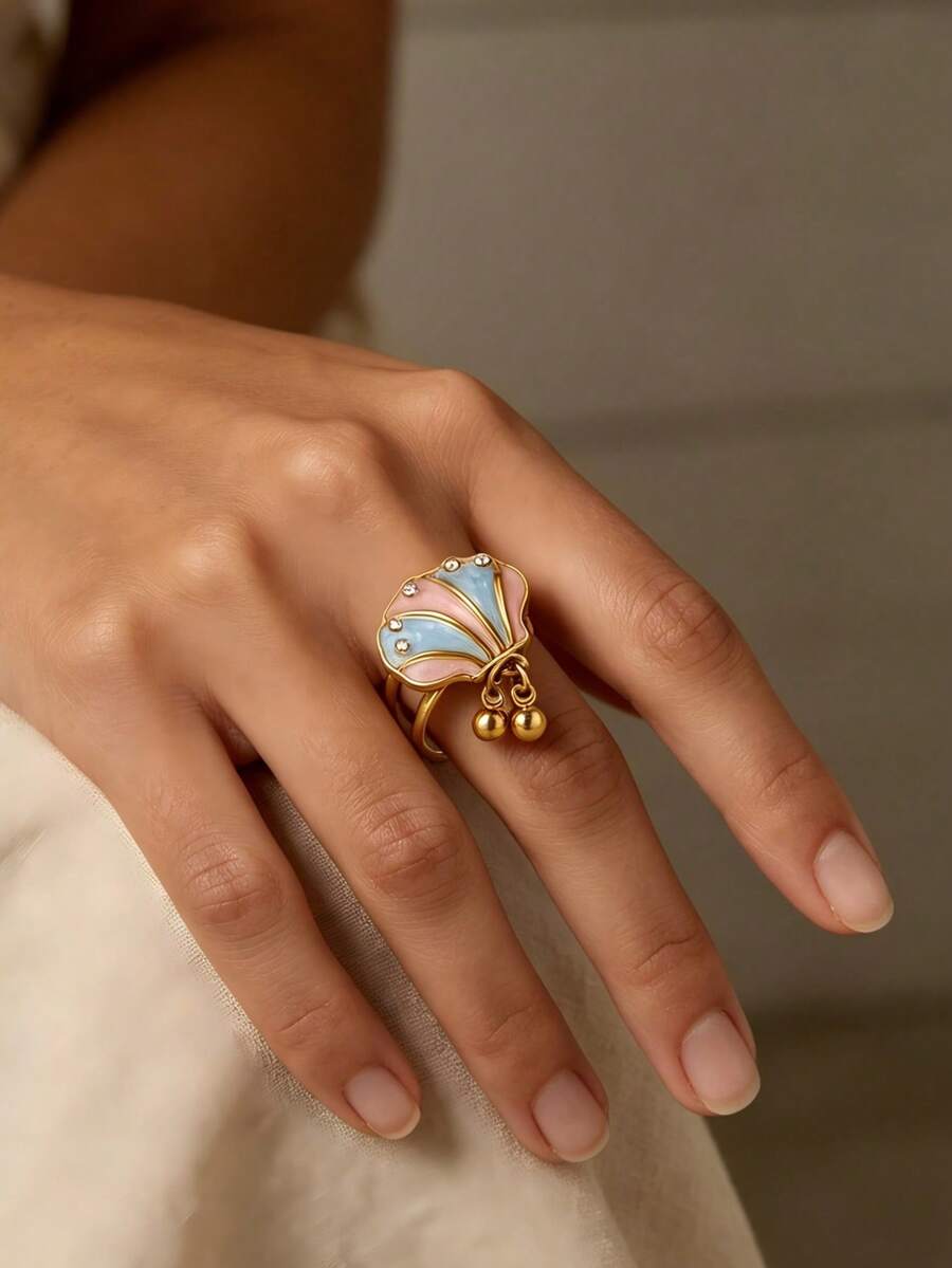 Summer Ocean Shell Open Ring Women Stainless Steel Gold Color Enamel Seashell Rings And Tiny Ball Pendant Crystal Inlaid Jewelry - Yellow Gold - View 1