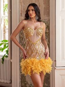 New Women's Luxurious Heavy Decoration Water Diamond Patch Fake Feather Design Sexy Chiffon Backless Mini Dress, Suitable For Wedding Banquet - Gold - View 3