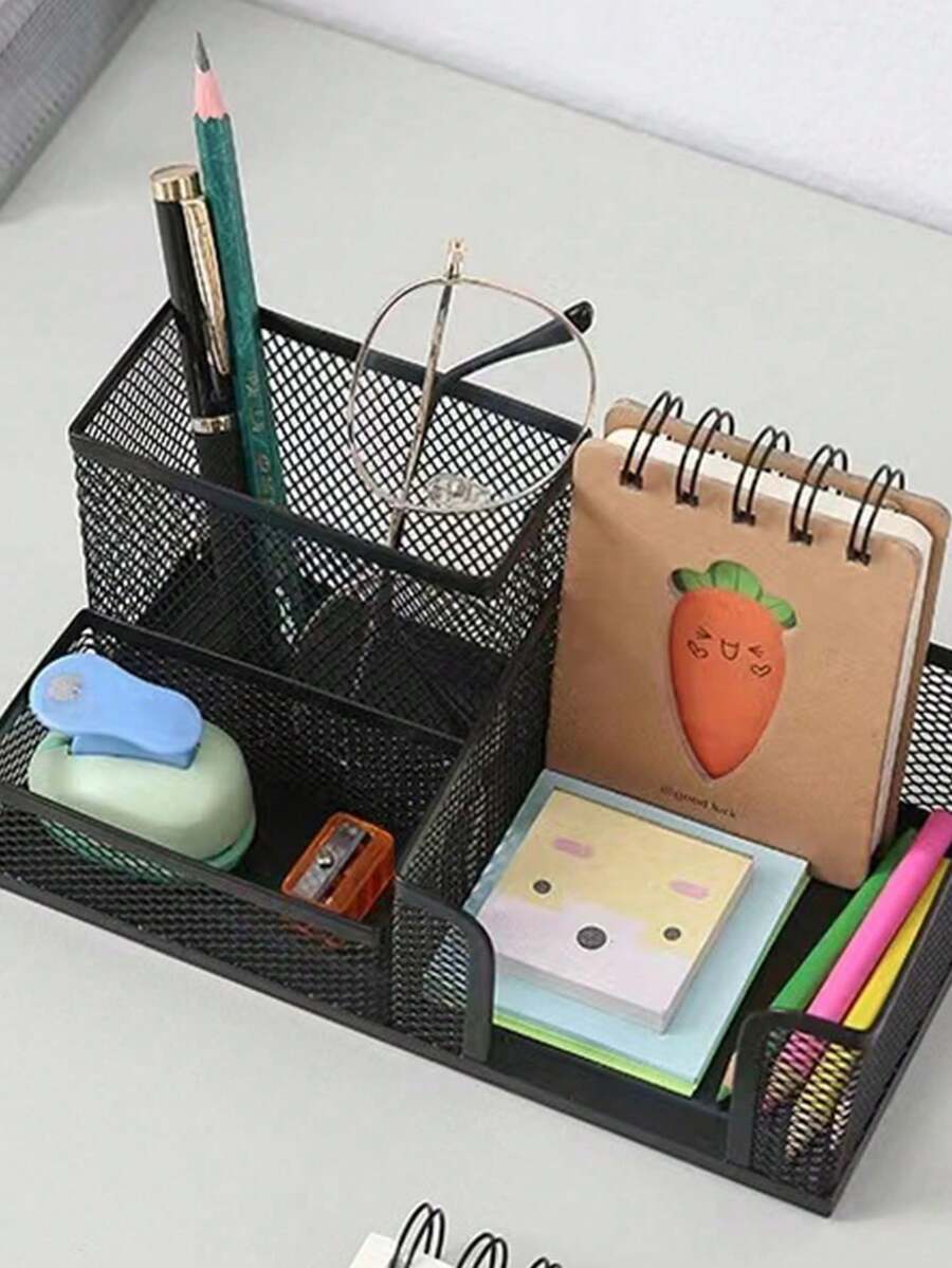 Organizador metálico negro 3 en 1 con malla, compartimentos para lápices y soporte para notas adhesivas, ordena útiles en casa, oficina y colegio - B - Ver 1