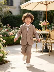 Tween Boys Handsome Fashion Striped Gentleman Suit Set, 1 Blazer + 1 Pants + 1 Bow Tie, Suitable For Wedding, Page Boy, Performance, Christmas Party, Banquet And Other Formal Occasions - Khaki - View 6