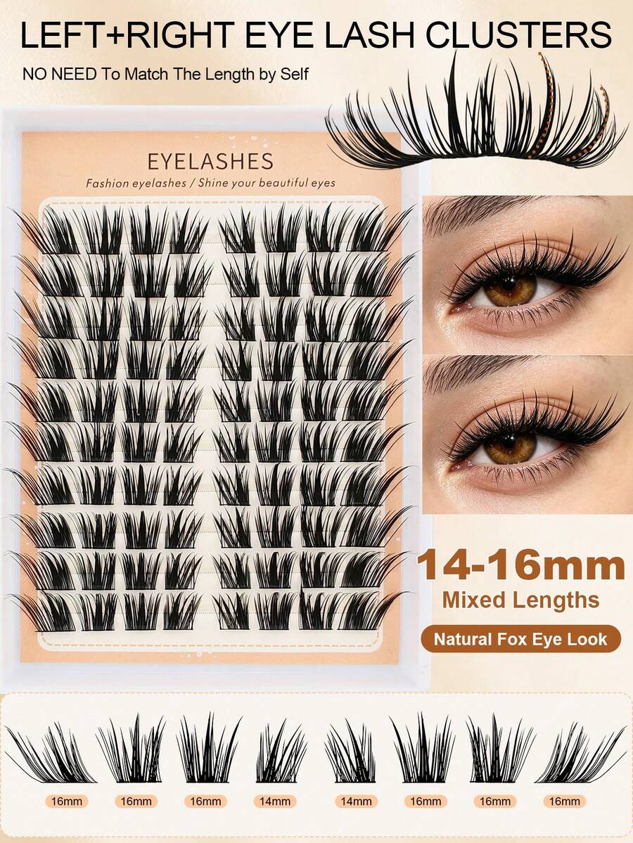 80pcs C Curl Segmented Cluster False Eyelashes, Fox Eye Makeup Look, DIY Natural Pointed Lash Extensions - Black - View 1
