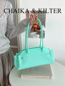 CHAIKA & KILTER 1件裝純色PVC布料女款時尚單肩保齡球果凍包，雙手把設計搭配拉鍊開合，適合日常與街頭穿搭 - 淺藍色 - 查看 6