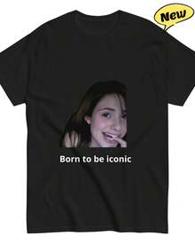Born To Be An Idol T-Shirt With Z-Generation Meme Pattern, Tops, Beautiful Summer Tops, Women's T-Shirts - 黑色 - 查看 1