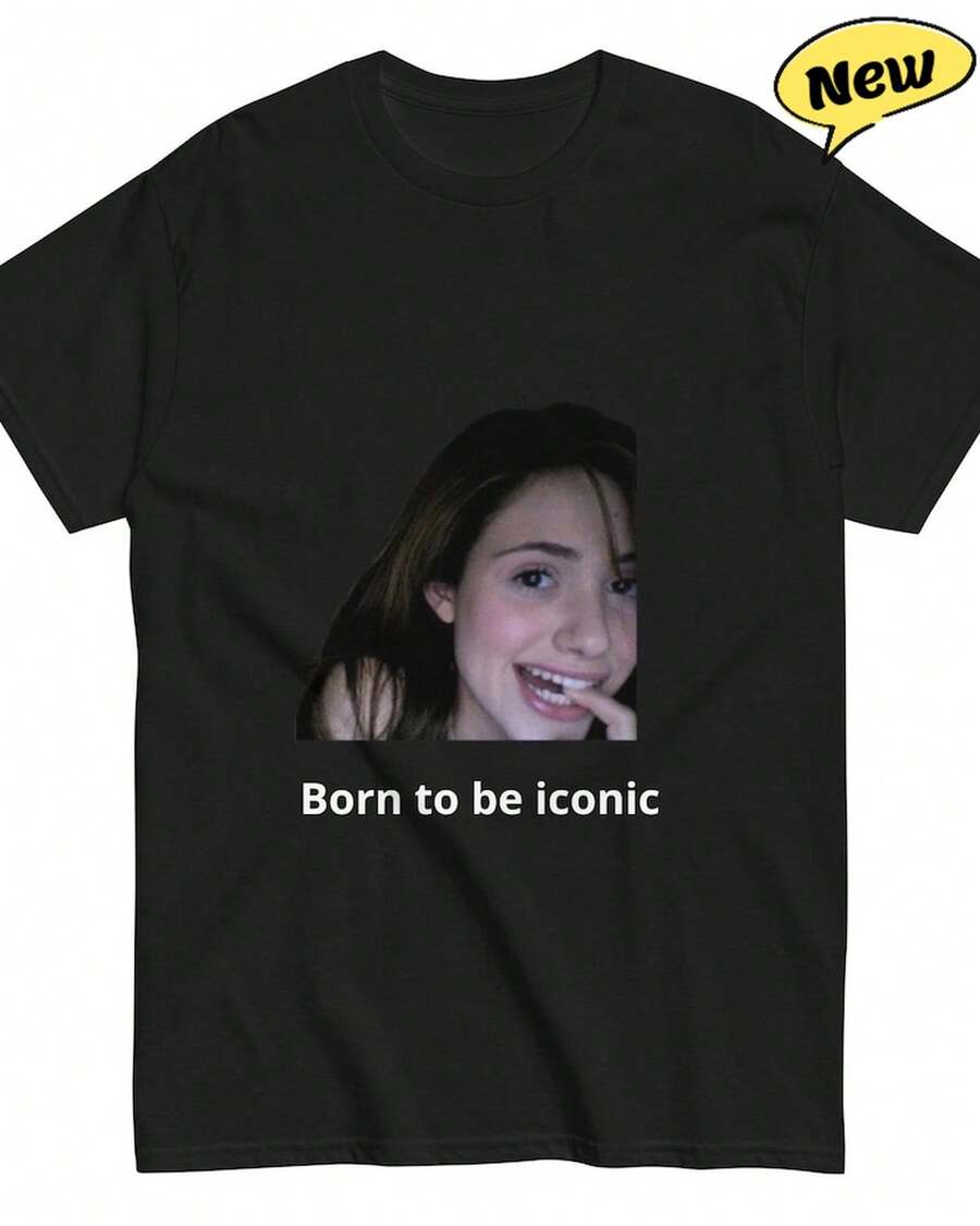 Born To Be An Idol T-Shirt With Z-Generation Meme Pattern, Tops, Beautiful Summer Tops, Women's T-Shirts - 黑色 - 查看 1