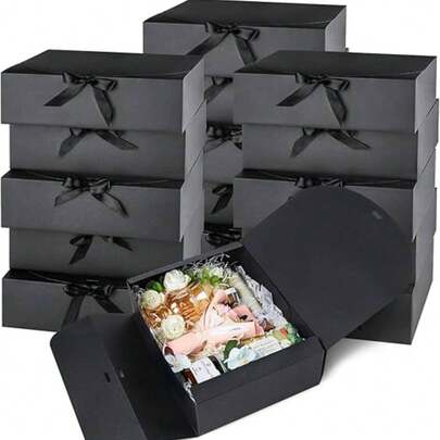 10pcs Black Gift Boxes With Lids, Groomsman Proposal Boxes, Luxury Black Gift Boxes With Ribbons For Wedding, Birthday, Party, Christmas, Bridesmaid, Graduation, Valentine's Day Gift Boxes