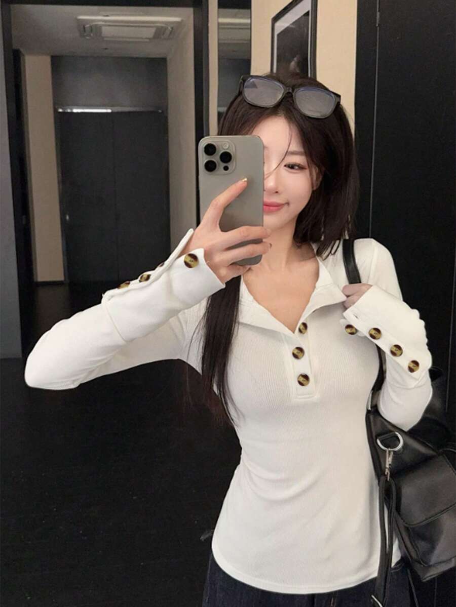 Women's Half-Neck Long Sleeve T-Shirt, Summer Design, Slim Fit, Flattering, Korean Style Inner Layer Top - White - View 1