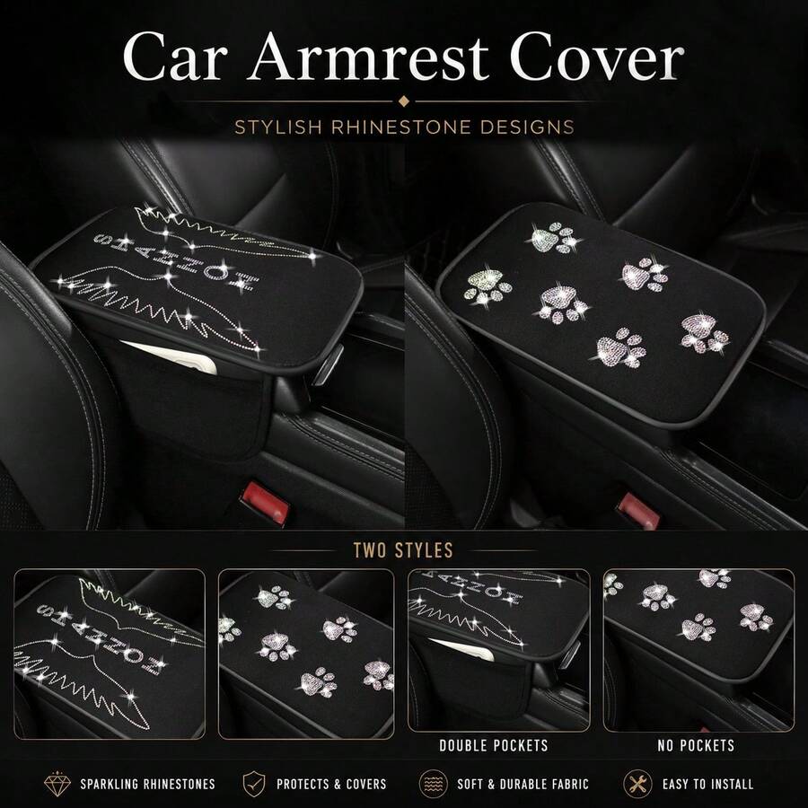 1PC Shiny Colorful Rhinestone Car Armrest Pad, Dual Storage Pockets/No Storage Pockets Optional, All Season Use, Elastic Band Easy Installation, Holiday Gift, Men's And Women's Car Interior Accessory - A - View 1