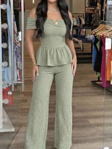 Solid Color Cute Party Metal Decor Off-Shoulder Casual Ruffle Top And Pants Loungewear Set - Bean Green - View 3