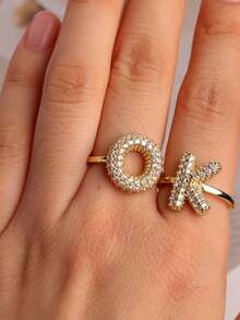 Bubble Cute 26 Letters Ring For Women Balloon Gold Plated Zirconia A-Z Letters Open Adjustable Ring Aesthetic Wedding Jewelry Gift - Gold - View 4