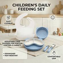 Silicone Baby Feeding Set 5pc, Anti-Choke Spoon & Fork, Waterproof Bib, Easy-Clean, 6M+, New Mom Gift - Blue - View 8