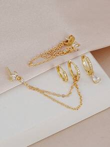 Minimalist Gold Ear Piercing Jewelry, Lotus CZ Chain Studs & Teardrop CZ Huggie Hoops, Delicate Gold Earrings For Daily Wear - Yellow Gold - View 4