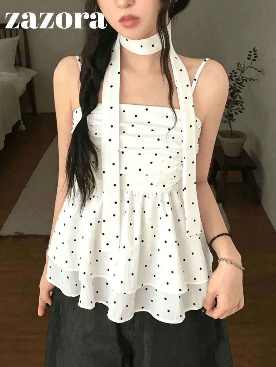 波點荷葉邊無袖上衣 甜美酷女孩細肩帶繫帶寬鬆背心 夏日休閒白色女裝 - 白色 - 查看 1