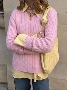 Women's Solid Color Ribbed Cable Knit Sweater For Daily Wear In Spring And Autumn - Pink - View 6