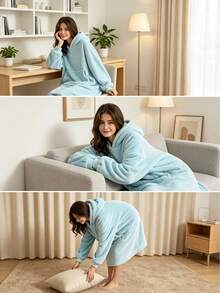 1pc Oversized Wearable Blanket Hoodie, Unisex Soft Flannel Hooded Blanket With Large Pockets, Comfortable Loungewear, Machine Washable Warm Blanket, Suitable For Home Relaxation, Camping, Christmas And Halloween - Multicolor - View 8
