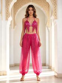 Deep V Sequin Fringe Crop Top With Gold Dot Mesh Loose Harem Trousers, Exotic Style Stage Party Dance Sexy Two Pieces Outfit (Multiple Colors Available) - Multicolor - View 13