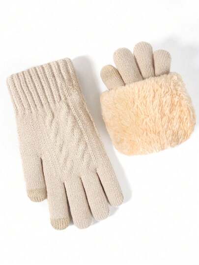 1Pair Women's Winter Double-Layer Thermal Lined Thick Knit Touchscreen Gloves, Full Finger Gloves, Warm Gloves For Cold Weather, Suitable For Daily Use