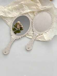 1pc Vintage Handheld Makeup Mirror, Floral Etched Electroplated Mirror Surface, European Retro Floral Pattern Handheld Travel Mirror, Suitable For Handbags And Vanity, INS Style Rose Gold Hand Mirror, Creative Gift For Brides, Teenagers And Vintage Lovers - Multicolor - View 2